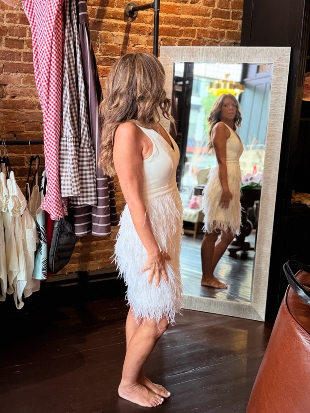 Sleeveless White Feather-Trim Mini Dress